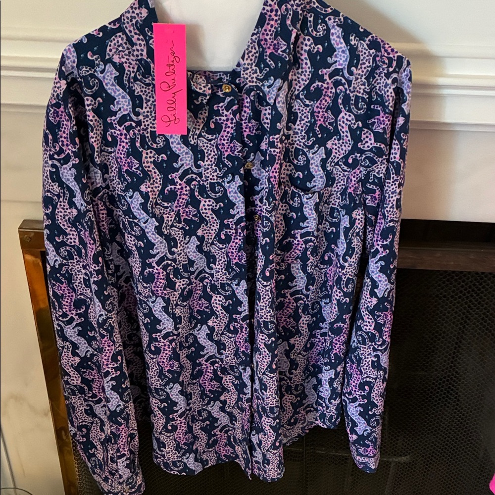 Lilly Pulitzer Sea View Button Down in Navy and Pink
